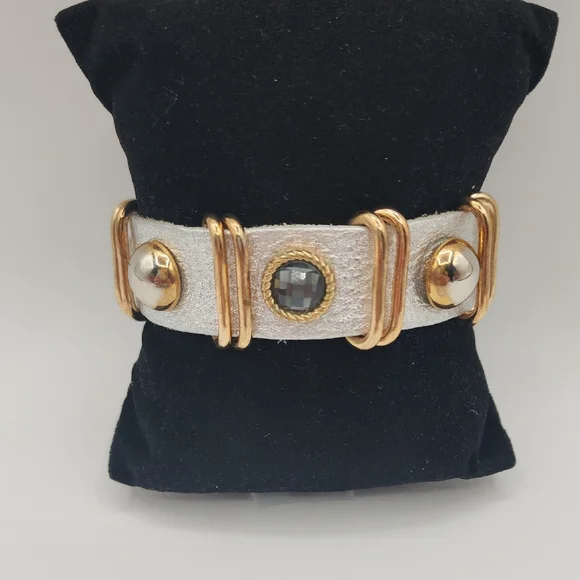 Leather Snap Gold and Silver Bracelet - Picture 1 of 15